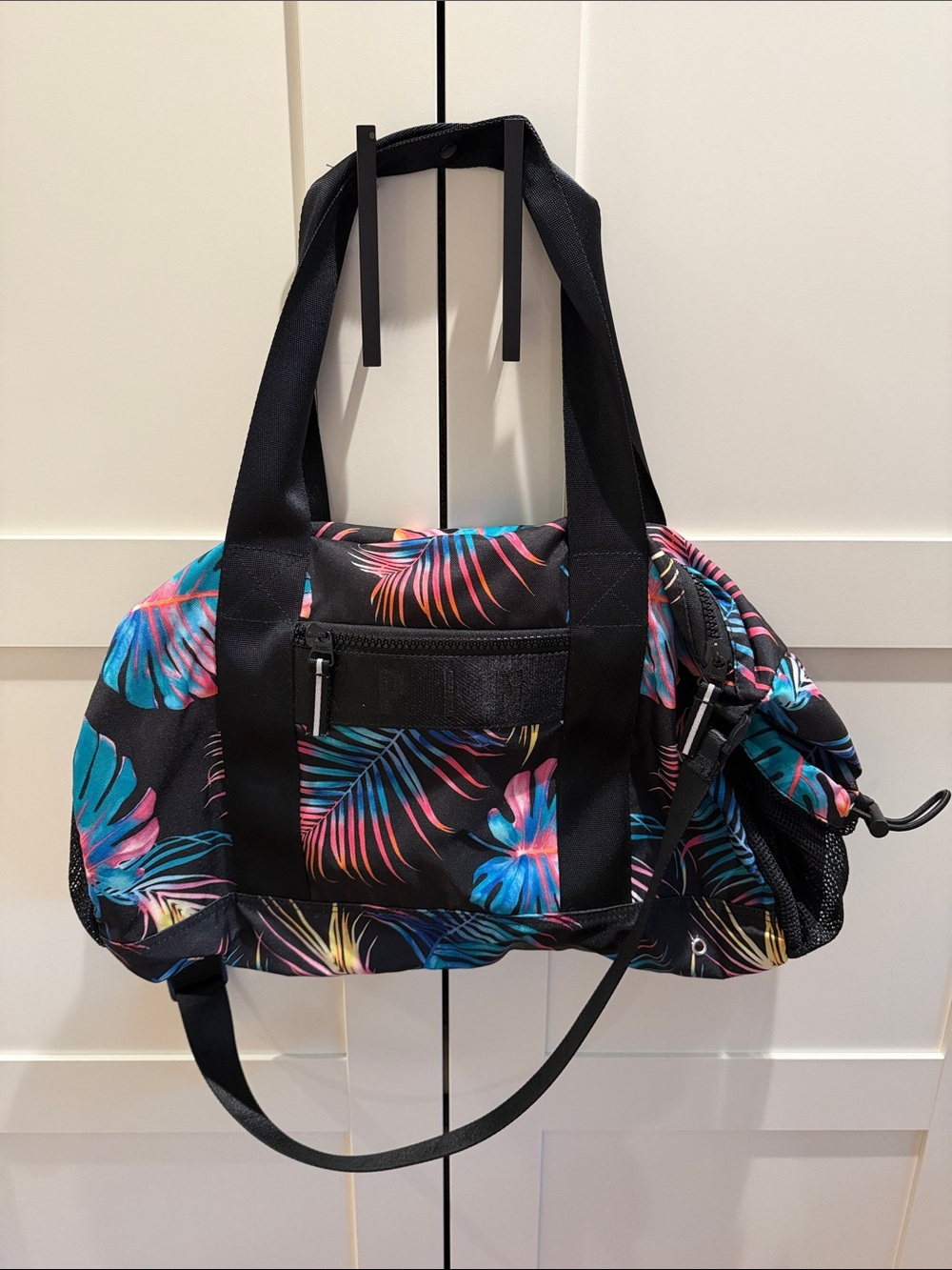 PINK Victoria's Secret Black Duffel with Tropical Blue & Pink Leaf Print